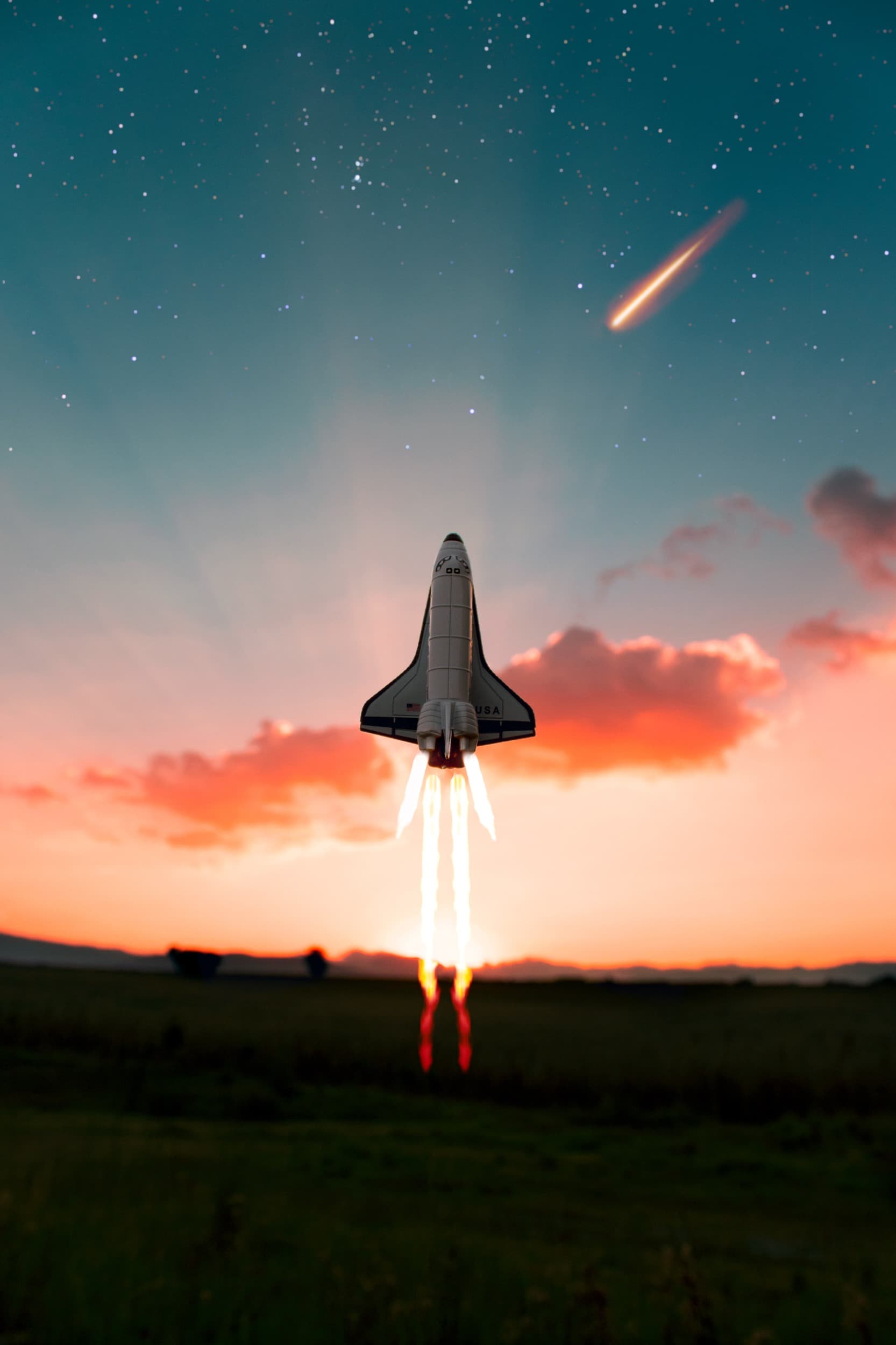 Rocket lifting off through orange exhaust