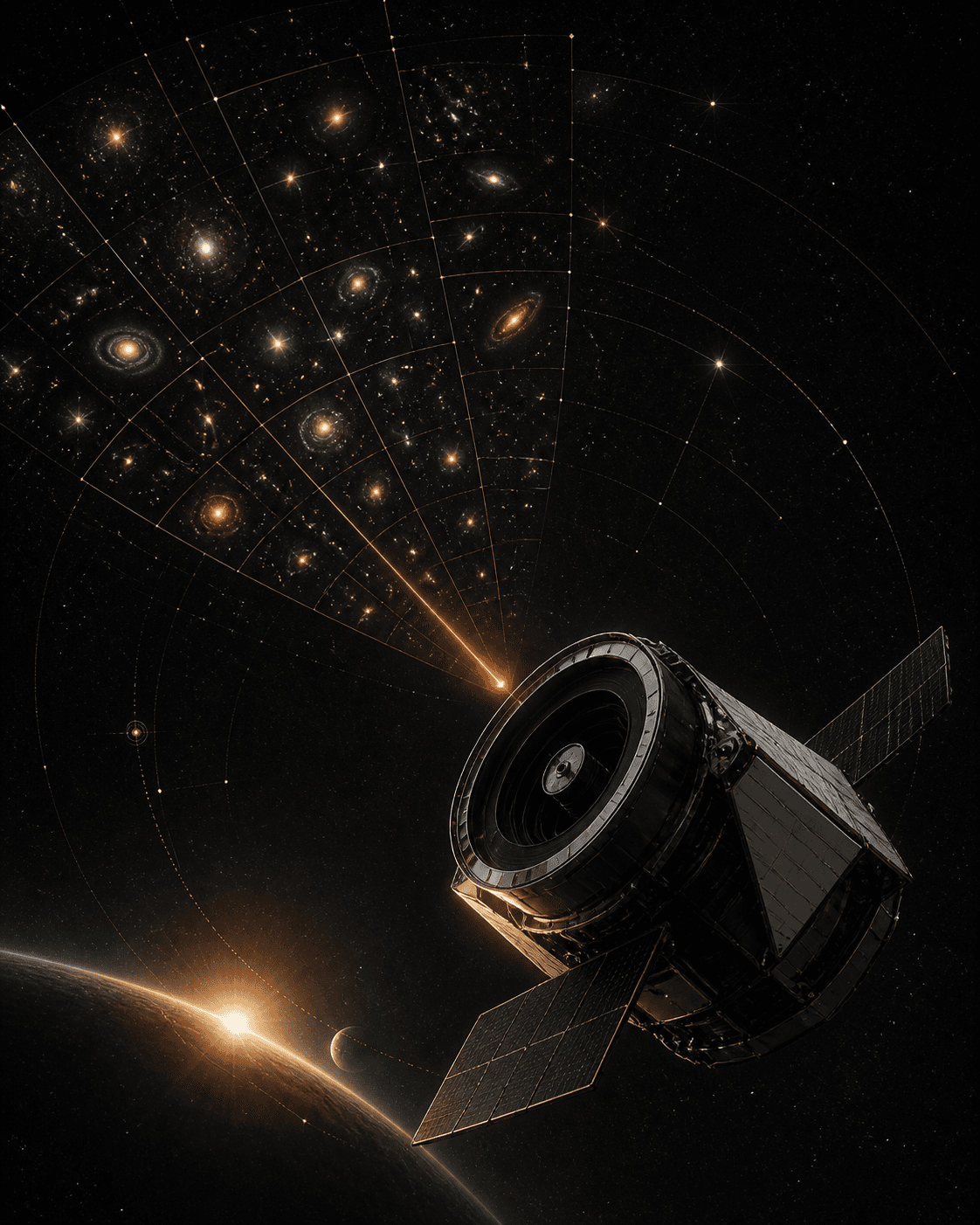 Conceptual editorial illustration of a wide-field space telescope mapping a mosaic of distant galaxies