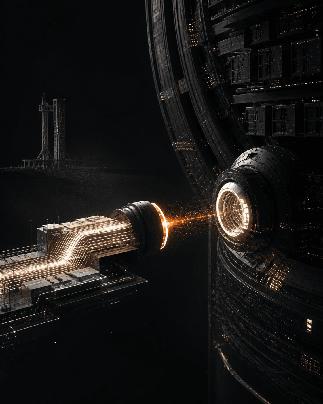 Conceptual editorial illustration of a luminous data connector separating from a large computational structure