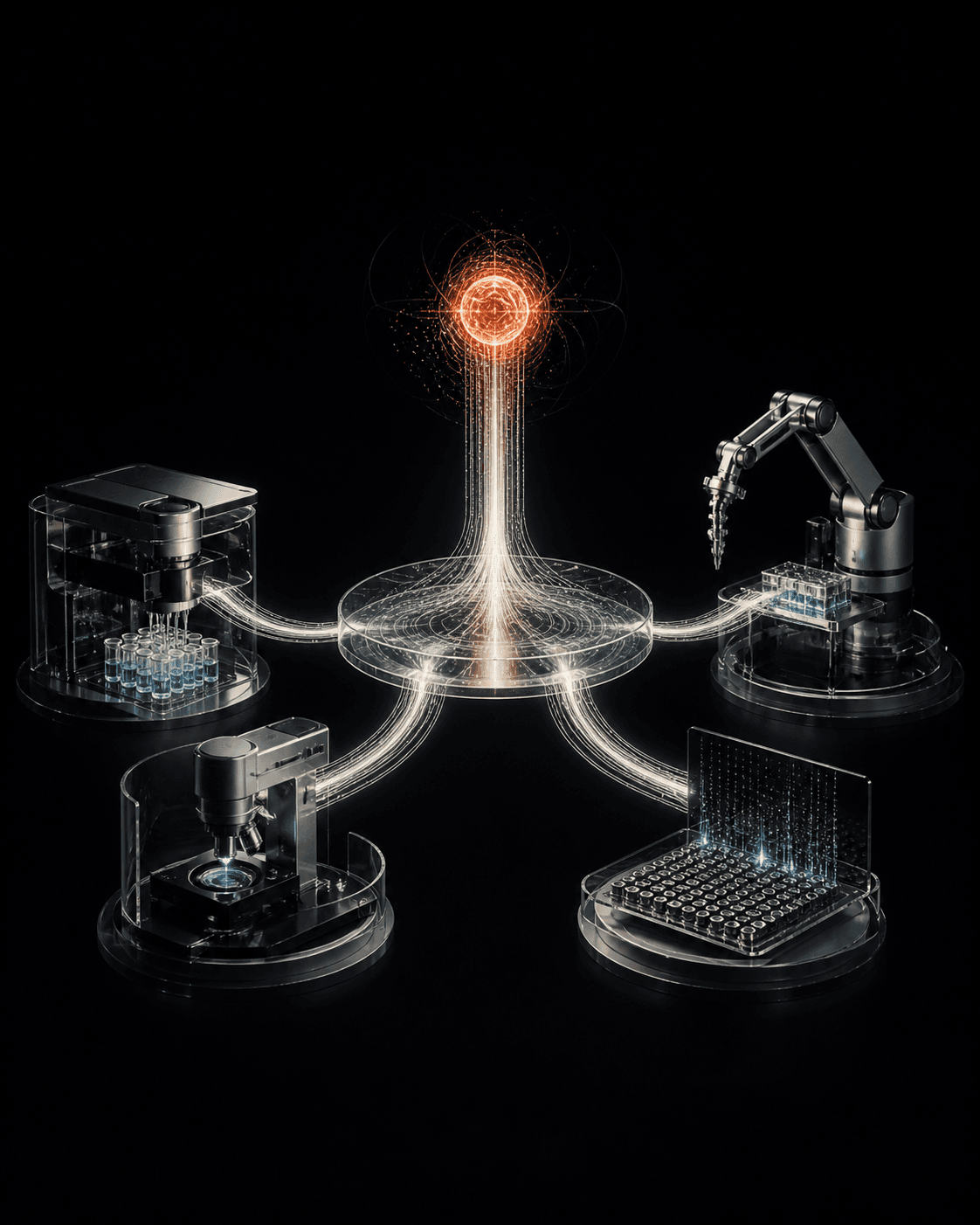 Conceptual editorial illustration of one luminous interface connecting an AI signal to several generic laboratory machines