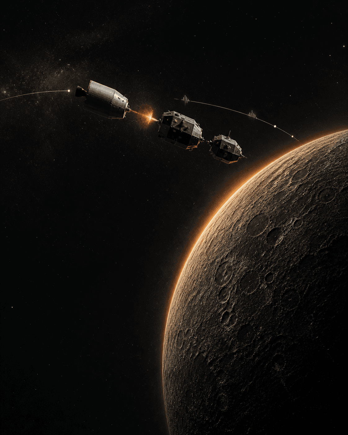 Conceptual editorial illustration of a three-part spacecraft separating above the cratered surface of Mercury