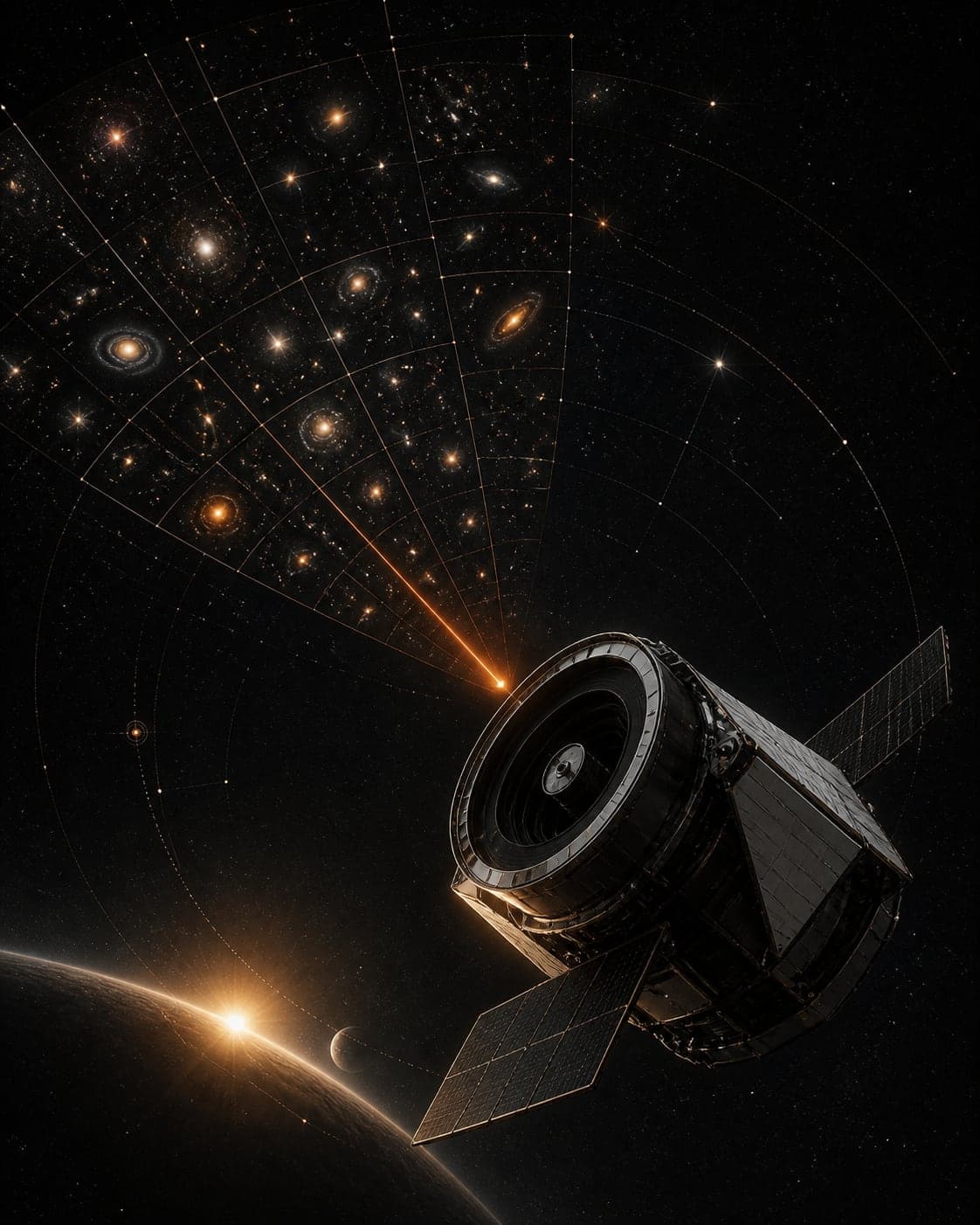 Conceptual editorial illustration of a wide-field space telescope mapping a mosaic of distant galaxies