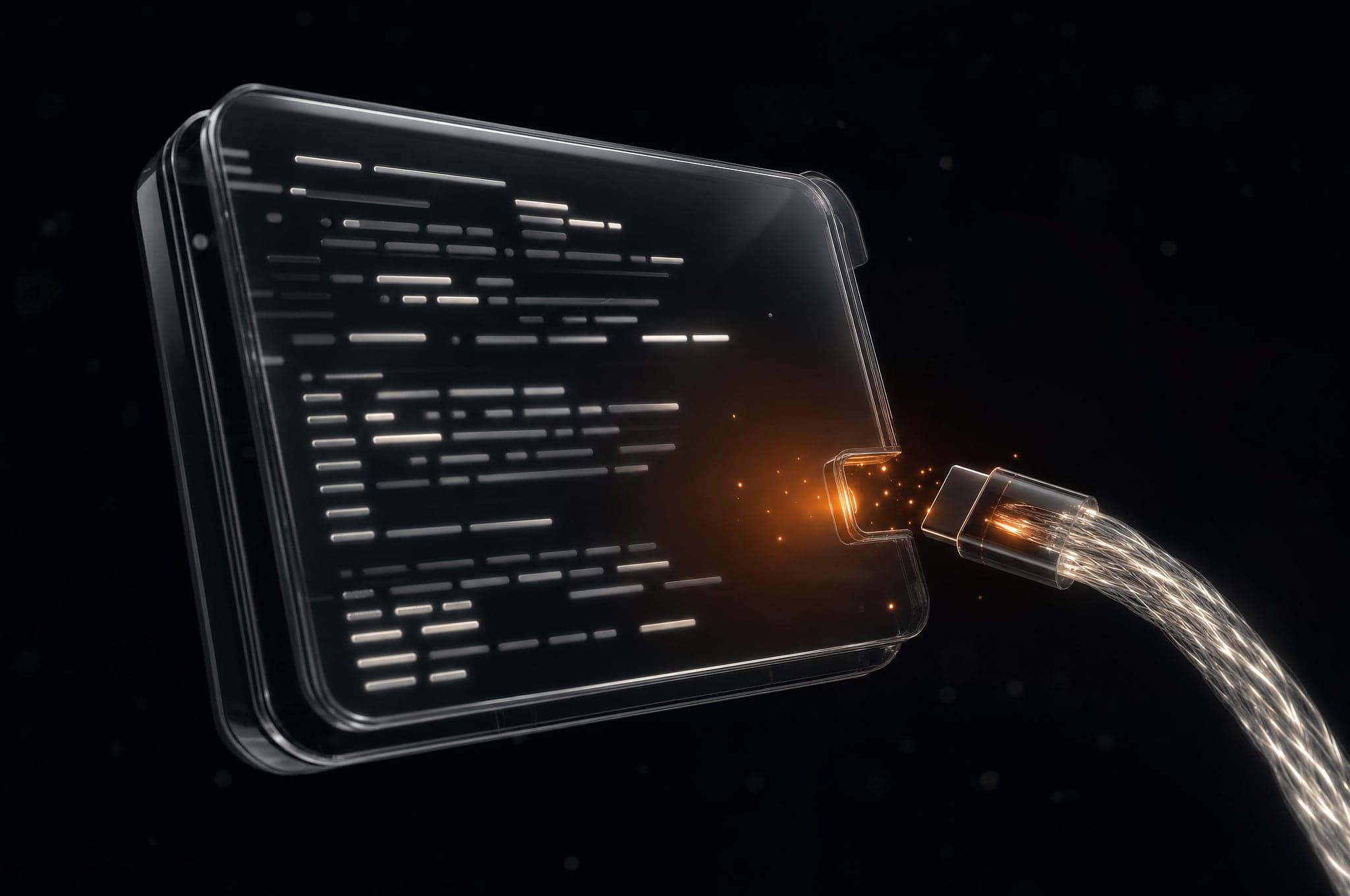 Conceptual render of a glass code-editor panel as a glowing cable of light is unplugged from its port, sparks at the separation point.