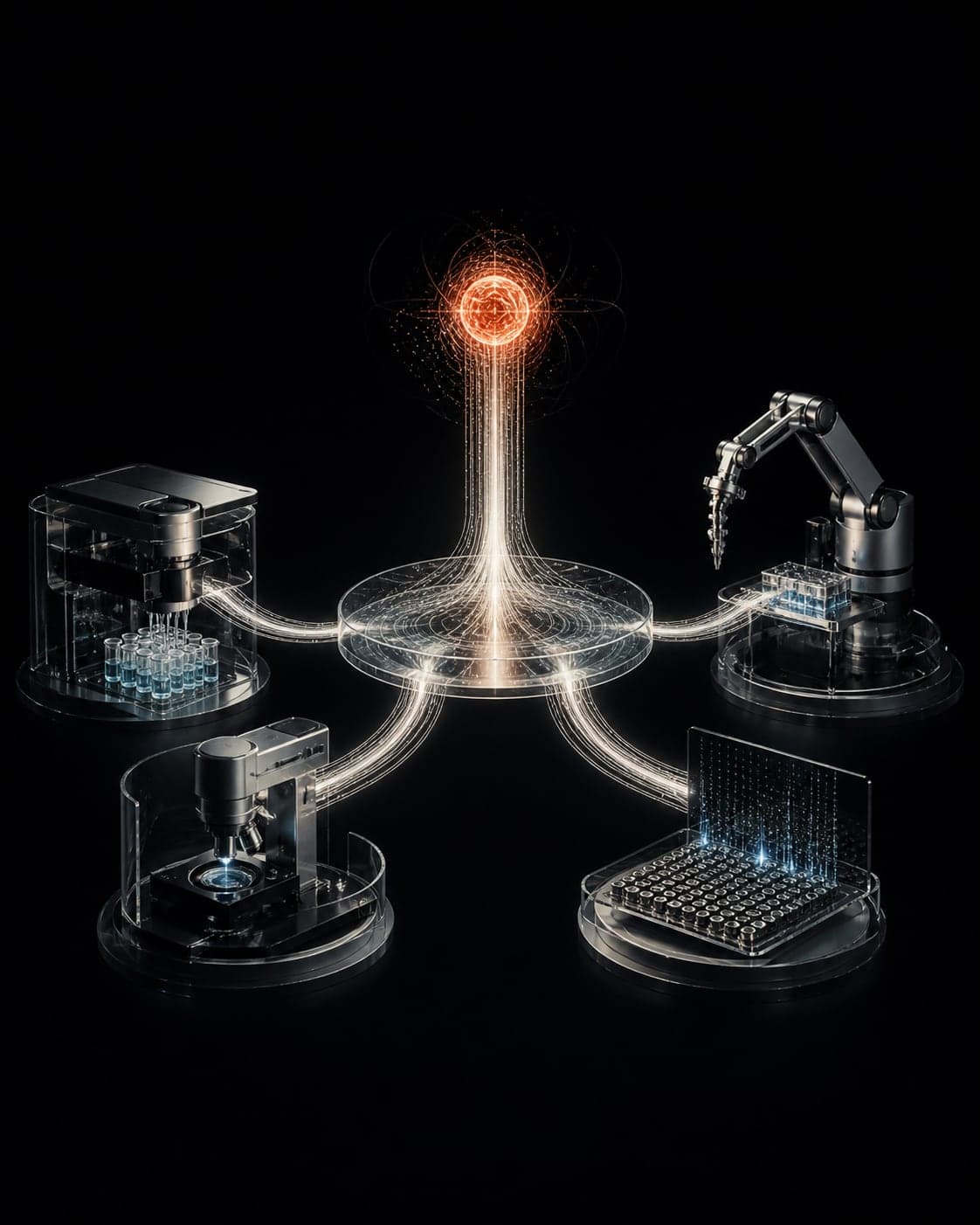 Conceptual editorial illustration of one luminous interface connecting an AI signal to several generic laboratory machines