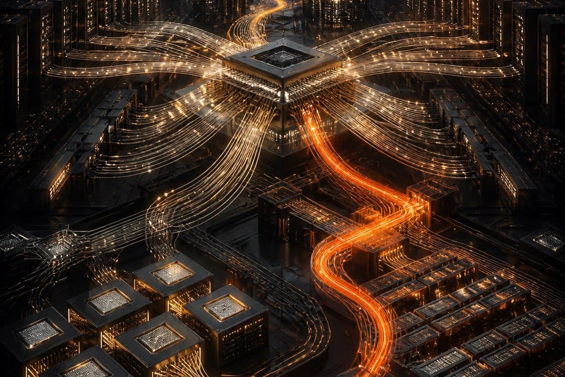 Conceptual editorial illustration of a central data-center chip connected to surrounding servers by luminous network links