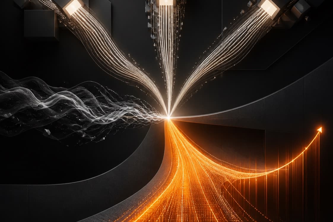 Conceptual editorial illustration of three luminous data streams converging into one orange growth path