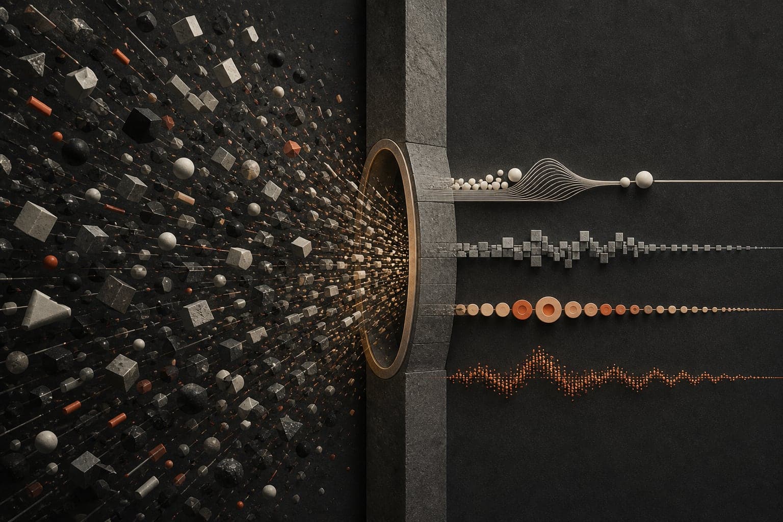 Conceptual editorial illustration of noisy fragments passing through an aperture and emerging as four clean signal patterns