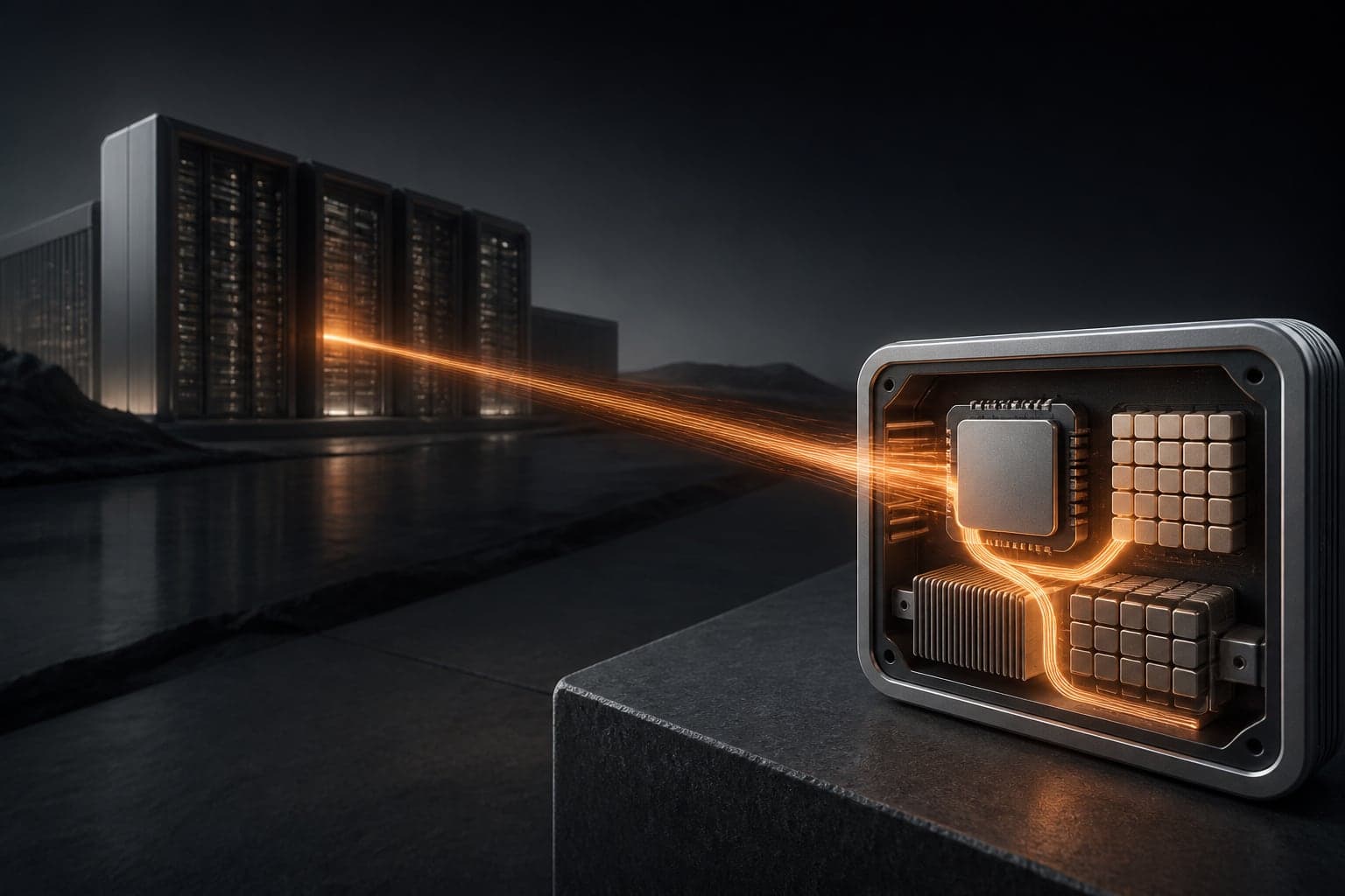 Conceptual editorial illustration of an orange compute signal routed between a distant data center and a compact edge processor