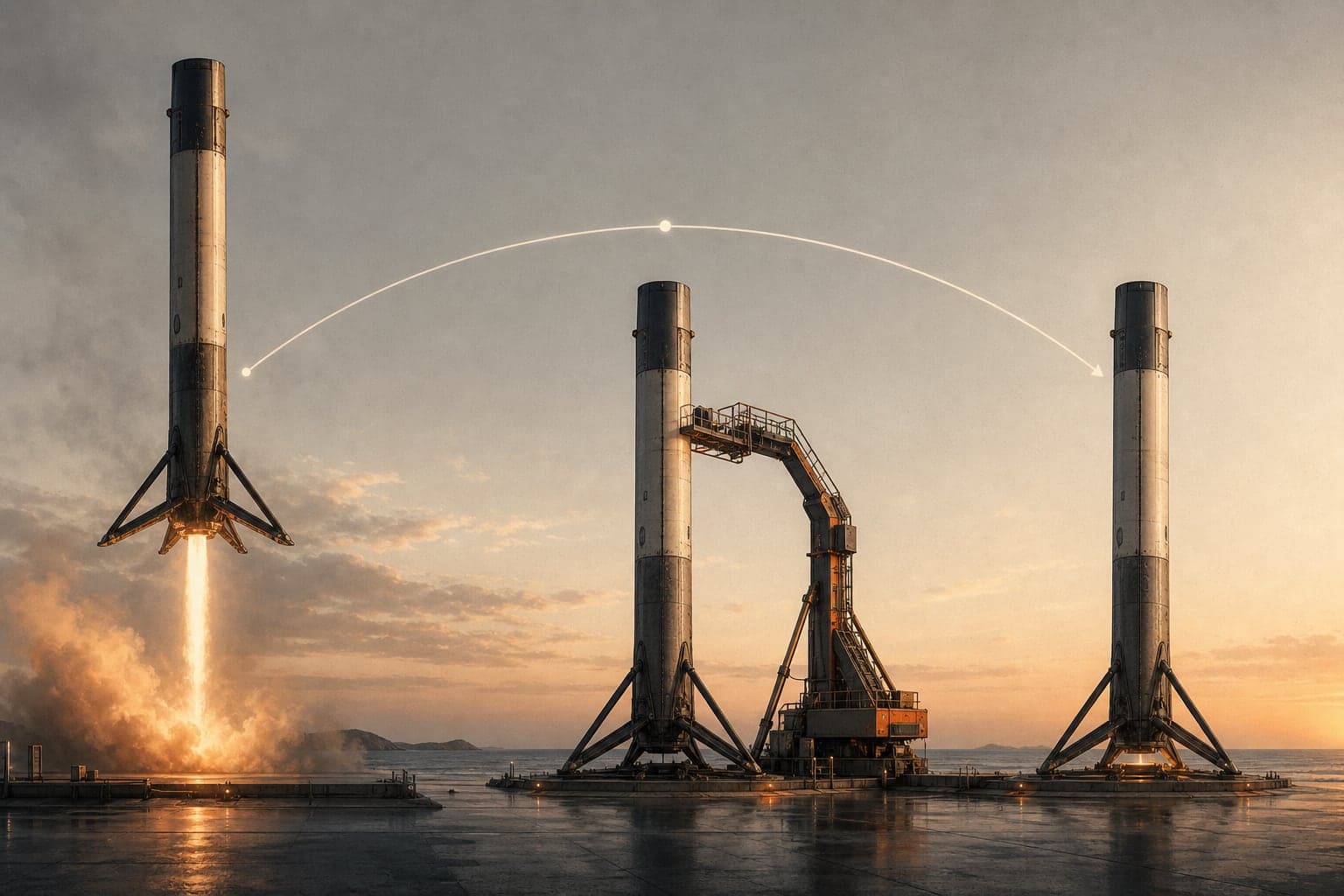 Conceptual editorial illustration of one reusable booster progressing through return, inspection, and relaunch